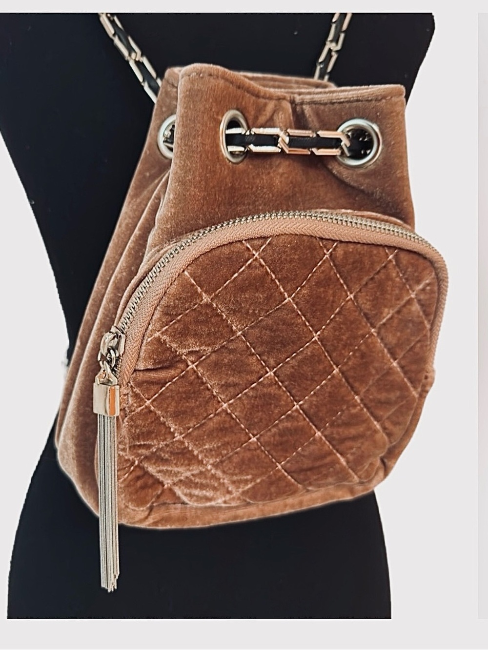 FREE PEOPLE ~ Elegant Brownish Pink Velour Quilted Backpack w/Silver Tone Chain